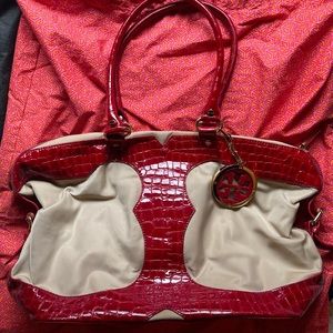 Tory Burch Large Cream Nylon & Red Croc Embossed Tote Shoulder Bag